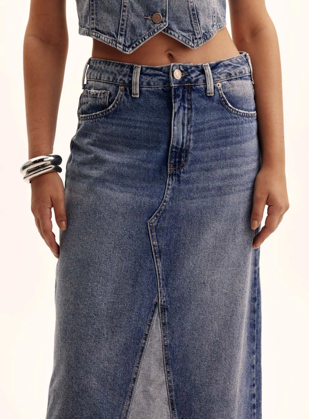 Saia Jeans Longa Com Barra Desfiada Índigo 3