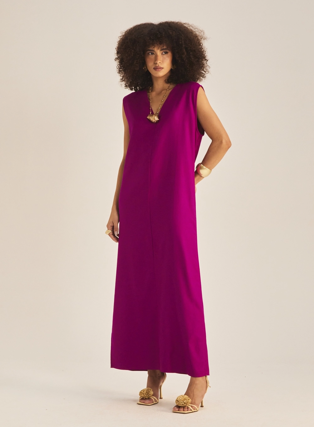 Vestido Comfort Linho Com Fenda Roxo 2