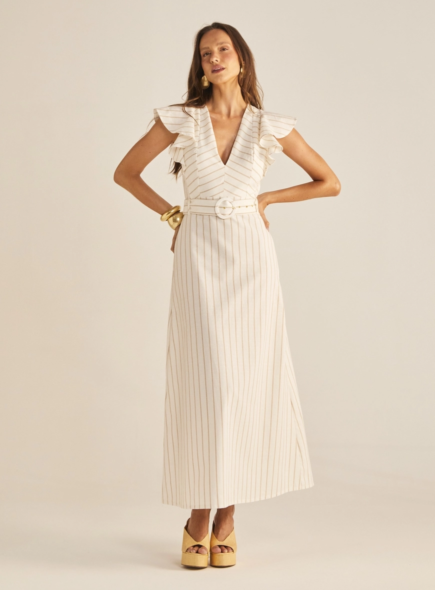 Vestido Longo Godê Com Cinto Listrado Bege 1
