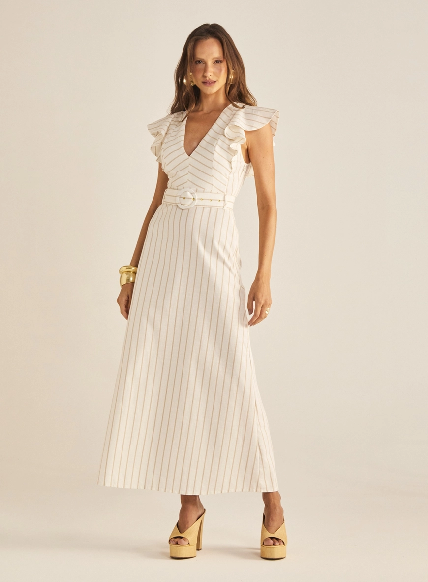 Vestido Longo Godê Com Cinto Listrado Bege 2