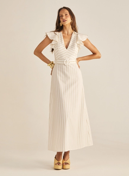 Vestido Longo Godê Com Cinto Listrado