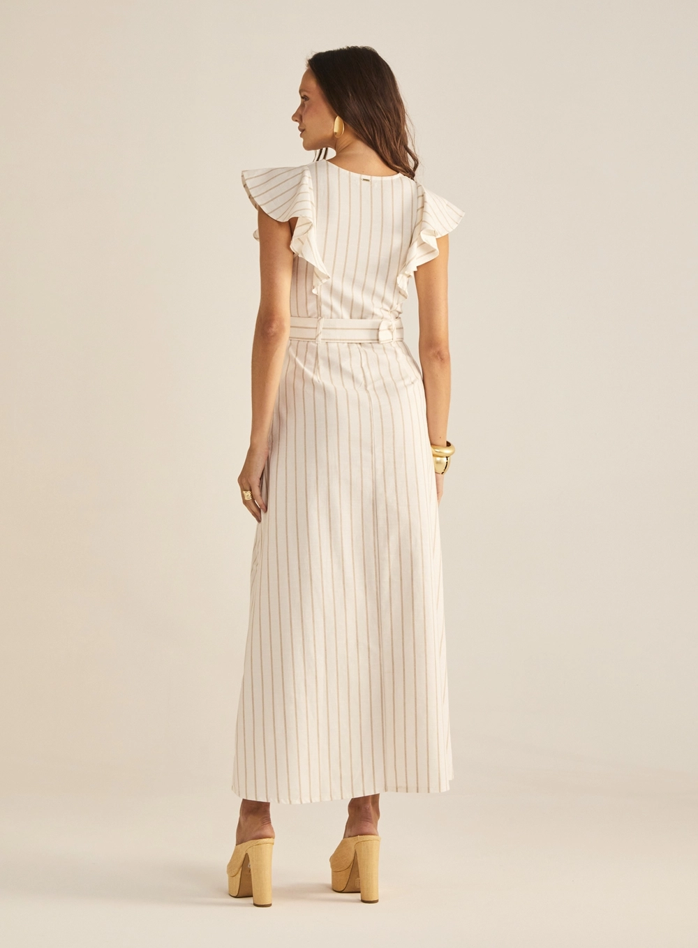 Vestido Longo Godê Com Cinto Listrado Bege 4