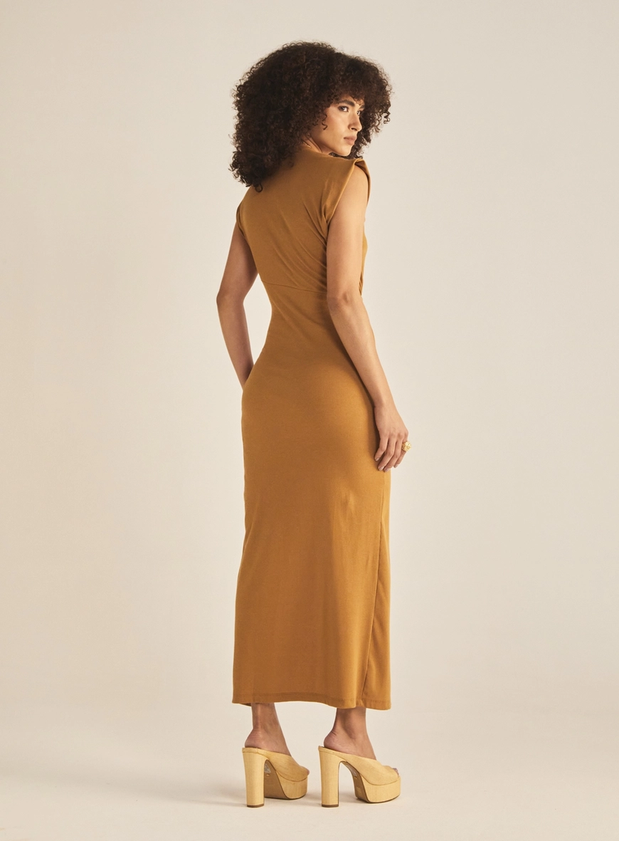 Vestido Slim Transpassado Com Fenda Marrom Evermore 4