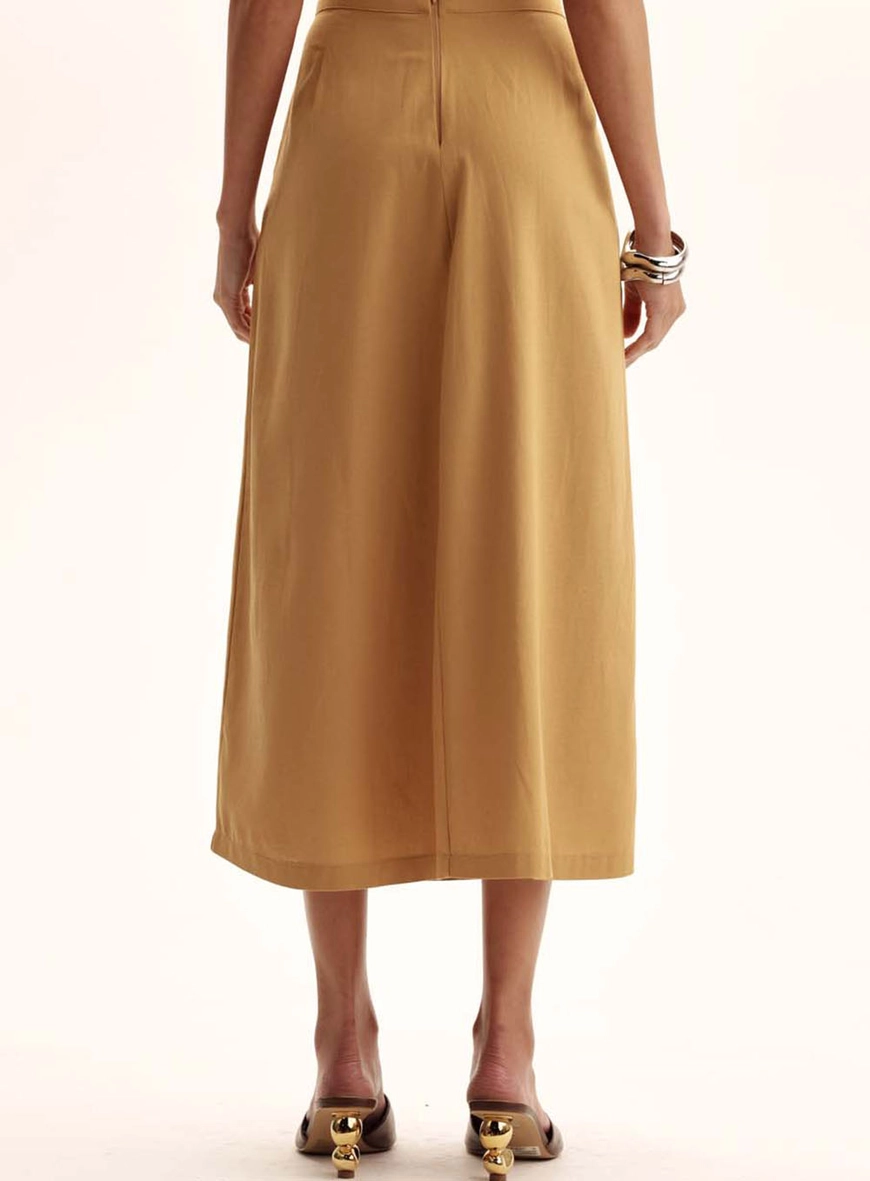 Saia Linho Comfort Midi Com Zíper Bege 3
