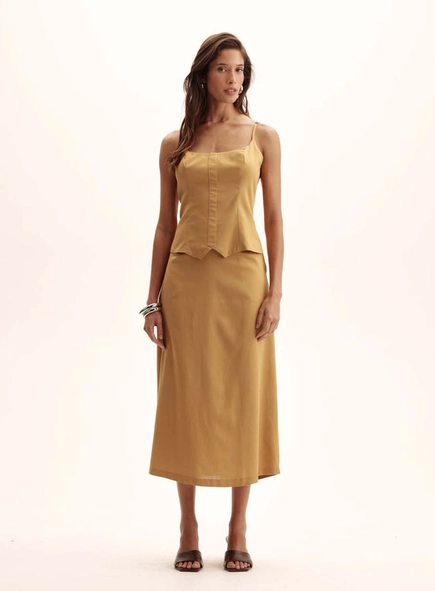 Saia Linho Comfort Midi Com Zíper