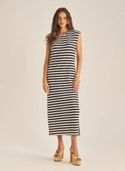 Vestido Japonesa Sem Mangas Listrado