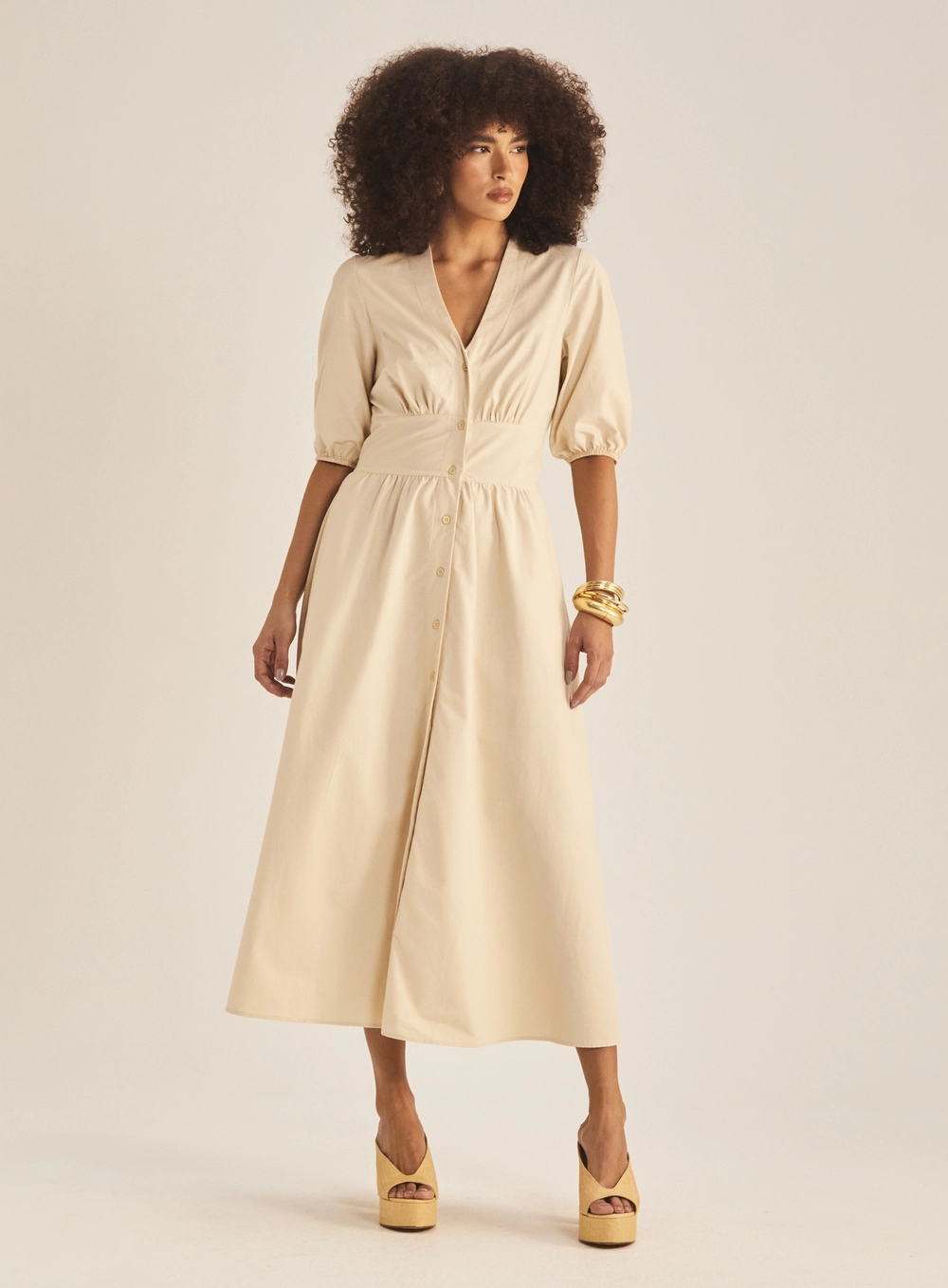 Vestido Midi Tecido Plano Giorgia Bege 1