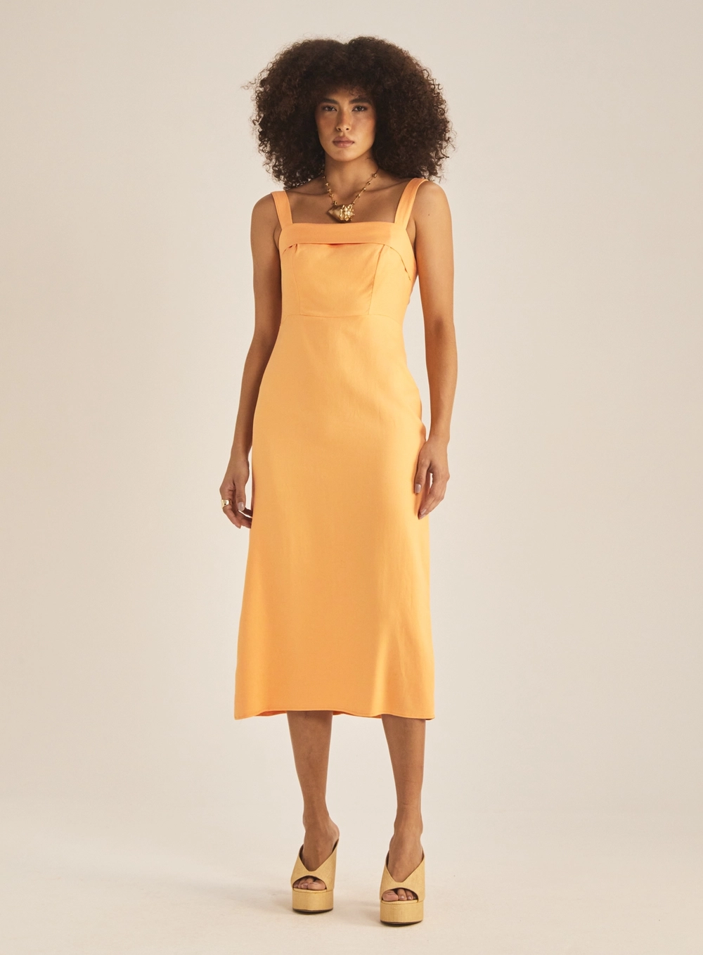 Vestido Regular Linho Midi Laranja 2