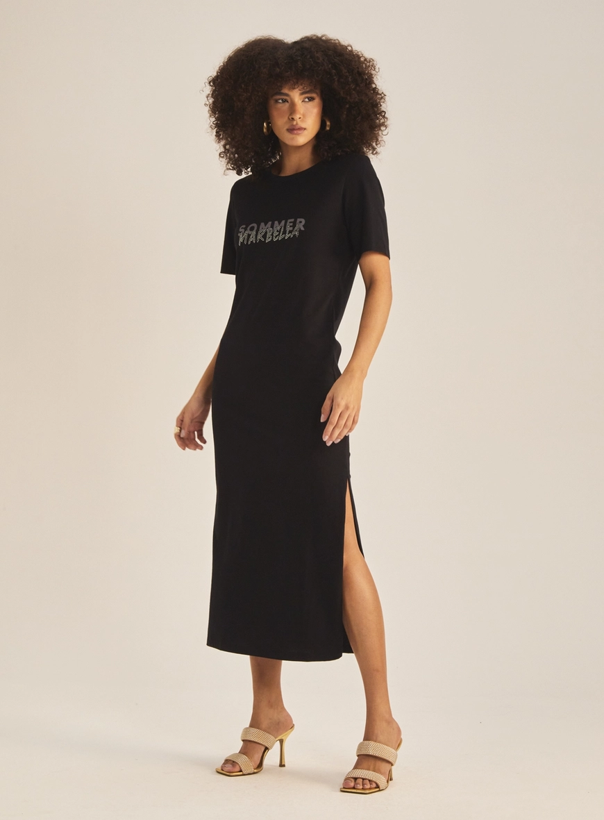 Vestido Comfort Com Aplicação E Fenda Preto 1