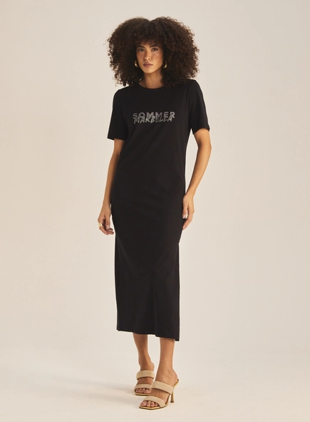 Vestido Comfort Com Aplicação E Fenda
