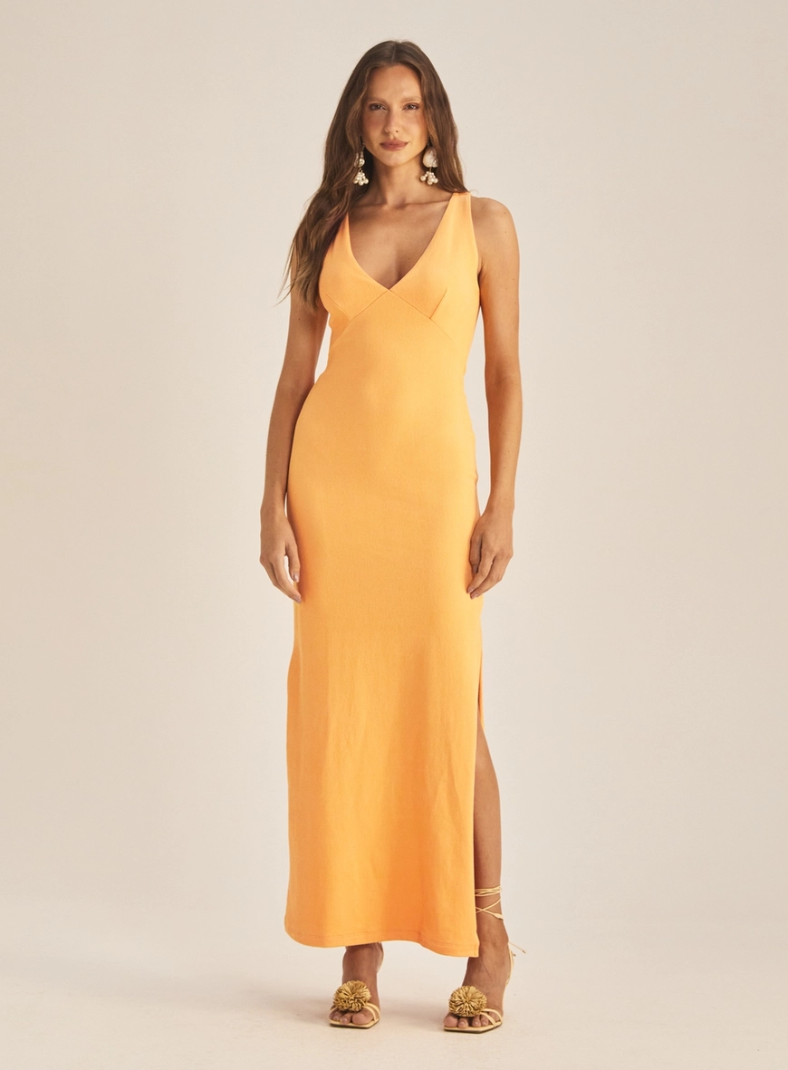 Vestido Comfort Longo Com Busto Marcado Laranja 1