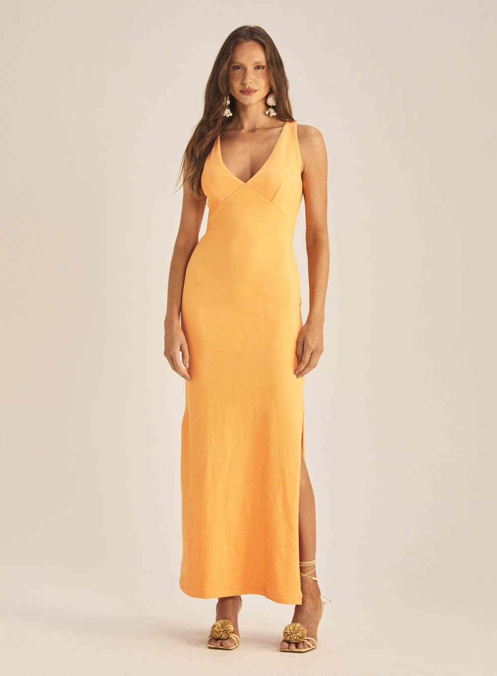 Vestido Comfort Longo Com Busto Marcado Laranja 1