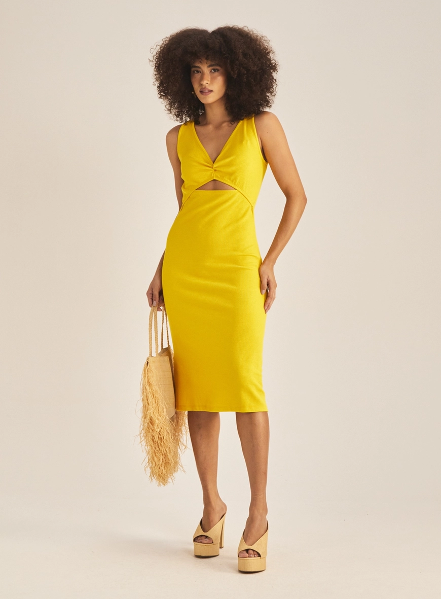 Vestido Slim Com Decote V Canelado Amarelo 1