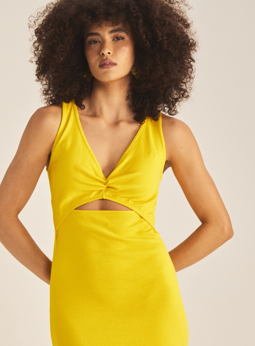 Vestido Slim Com Decote V Canelado Amarelo 3
