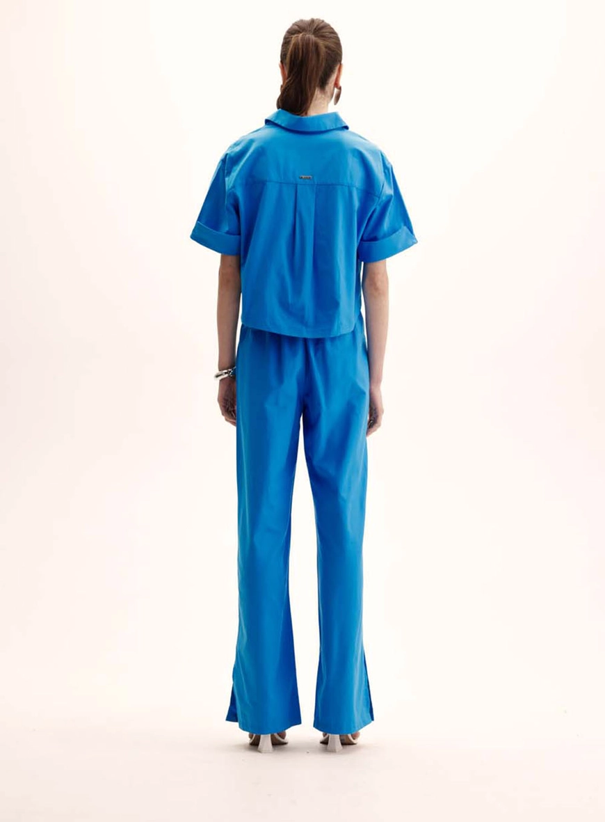 Camisa Feminina Oversized Curta Manga Dobrada Azul 4