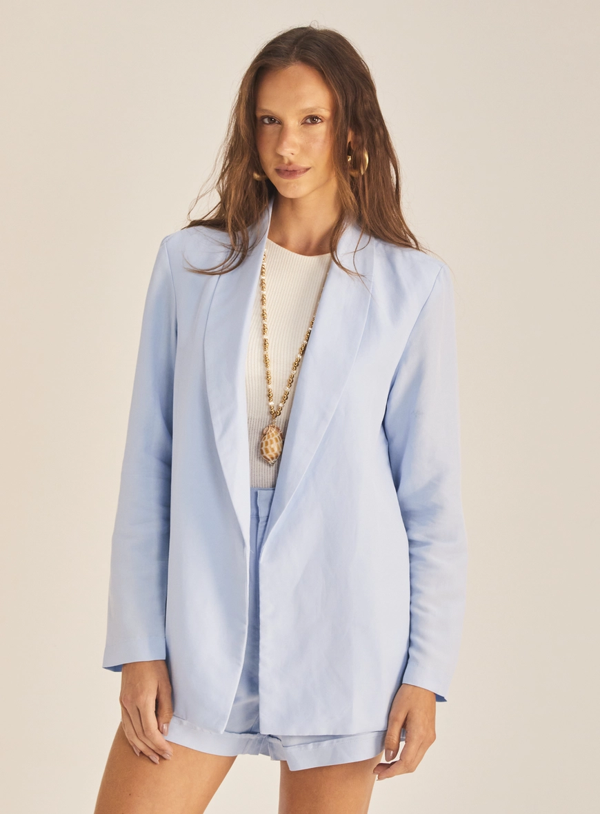 Blazer Feminino Alfaiataria Regular Linho Alongado Azul Tranquile Blue 2
