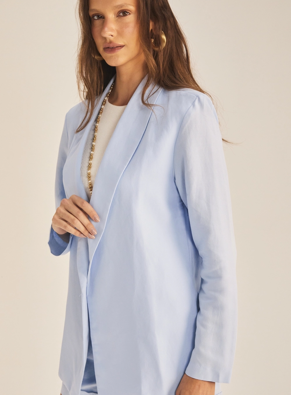 Blazer Feminino Alfaiataria Regular Linho Alongado Azul Tranquile Blue 3
