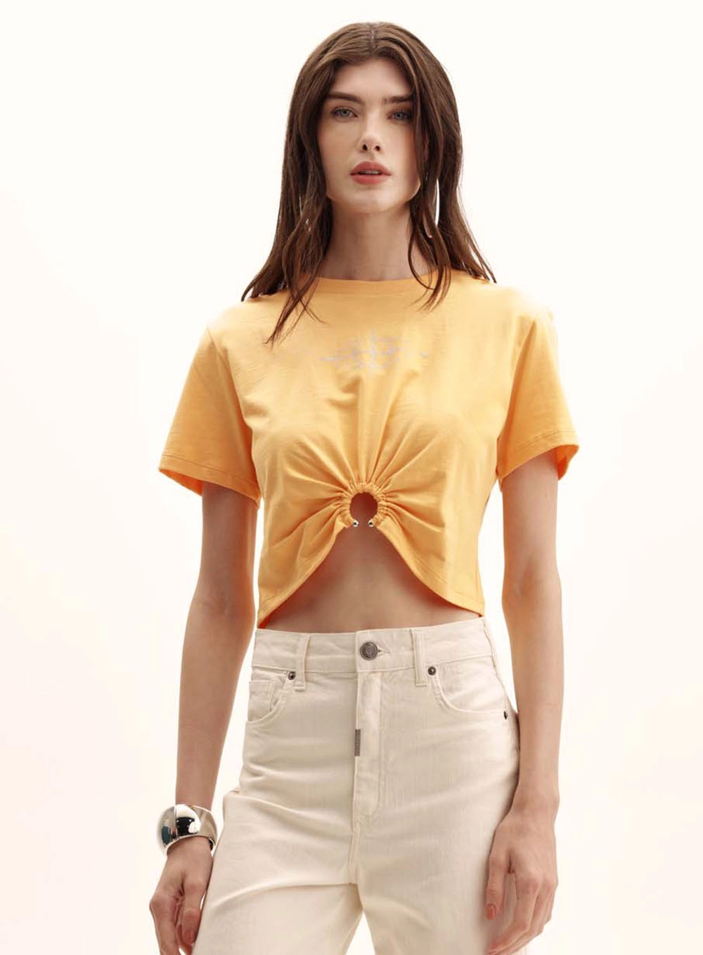 Camiseta Feminina Boy Detalhe Argola Drapeada Laranja 1