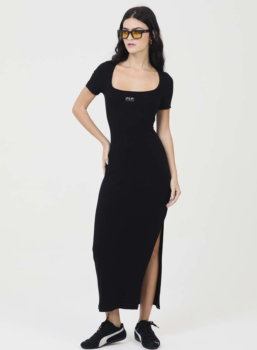 Vestido Midi Slim Canelado Decote Quadrado Preto 1