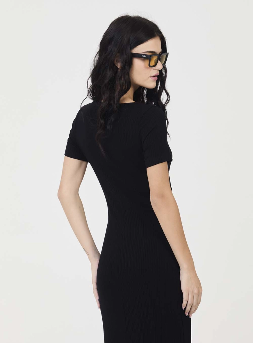 Vestido Midi Slim Canelado Decote Quadrado Preto 3