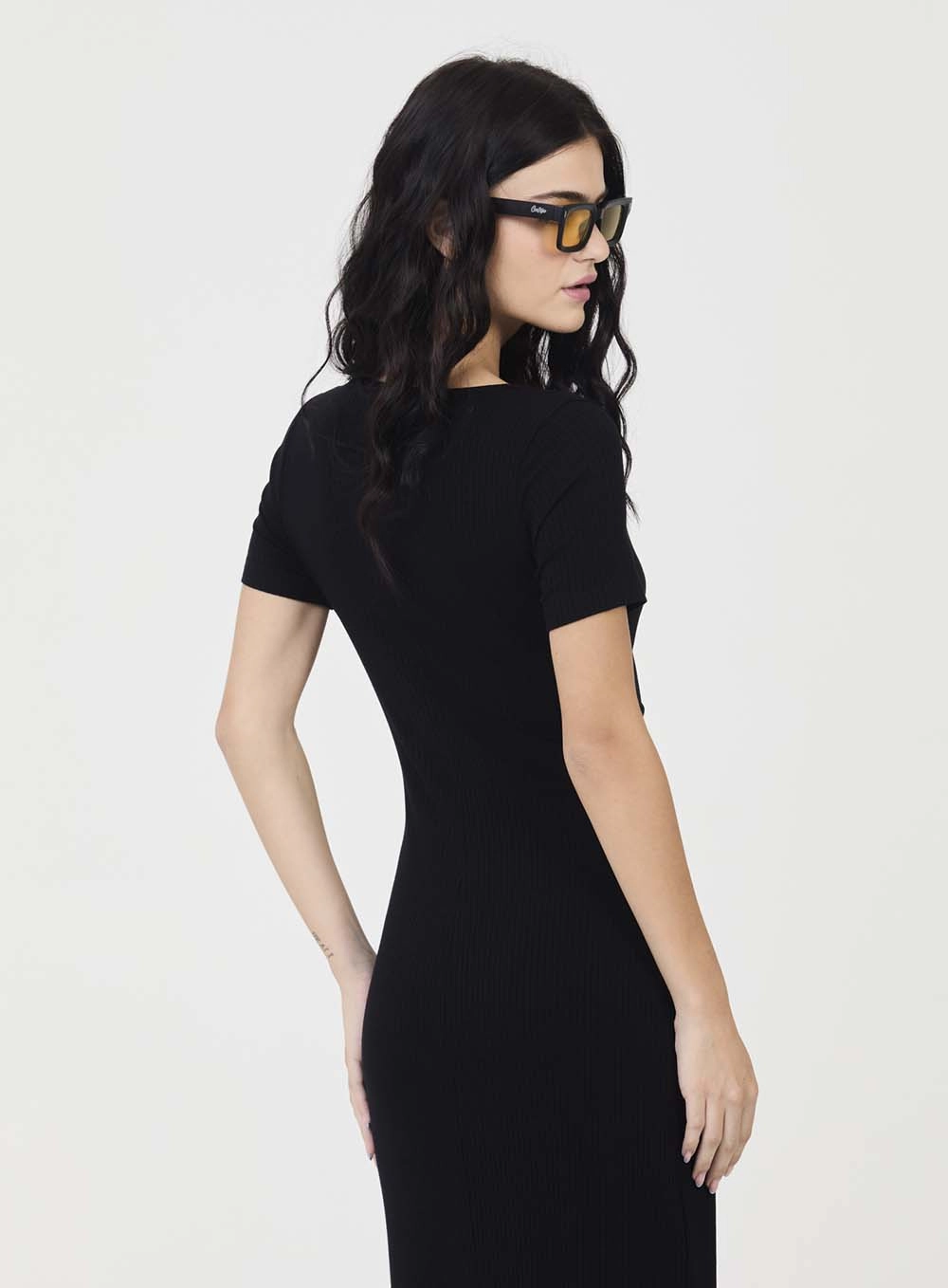 Vestido Midi Slim Canelado Decote Quadrado Preto 3