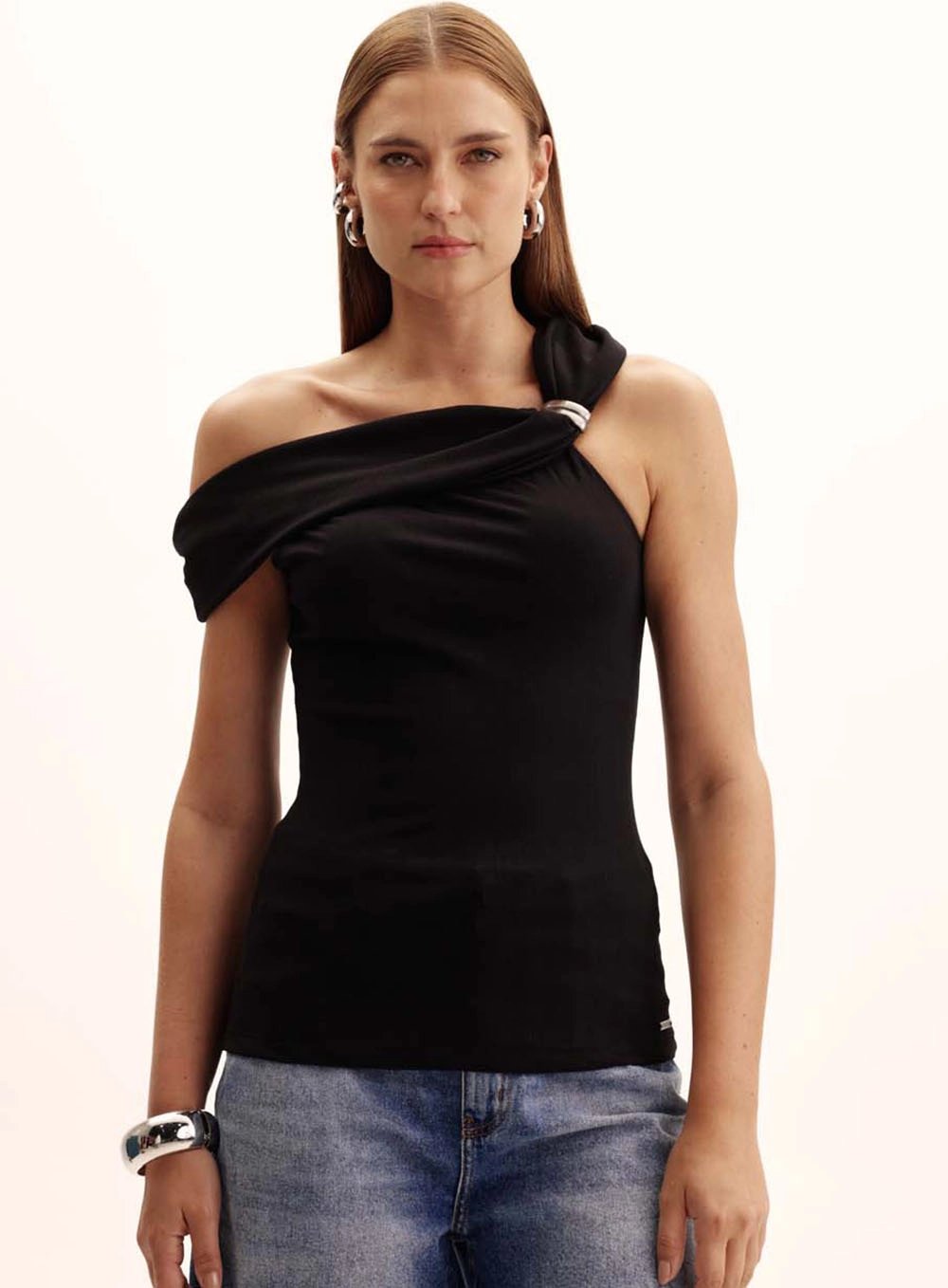 Blusa Feminina Small Ombro Ùnico Canelada Preto 2