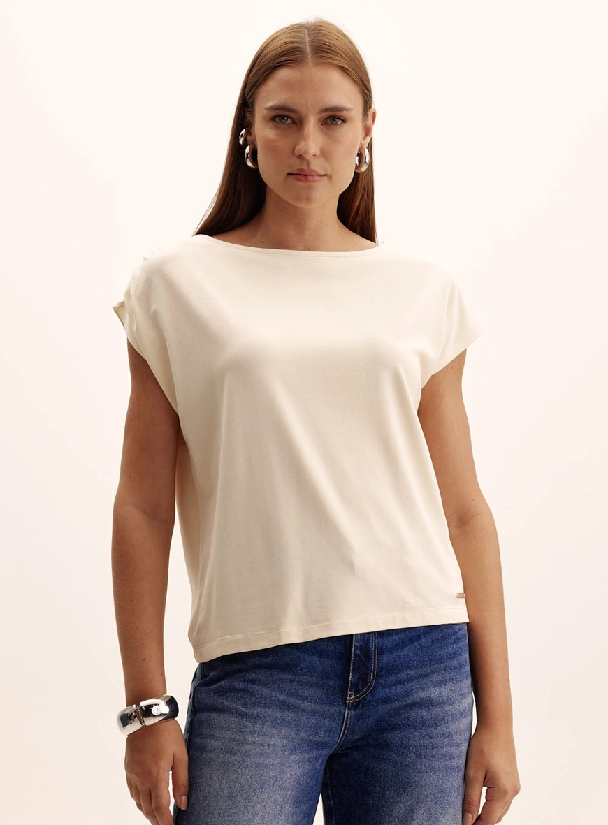 Blusa Feminina Comfort Manga Curta Drapeada Bege 2
