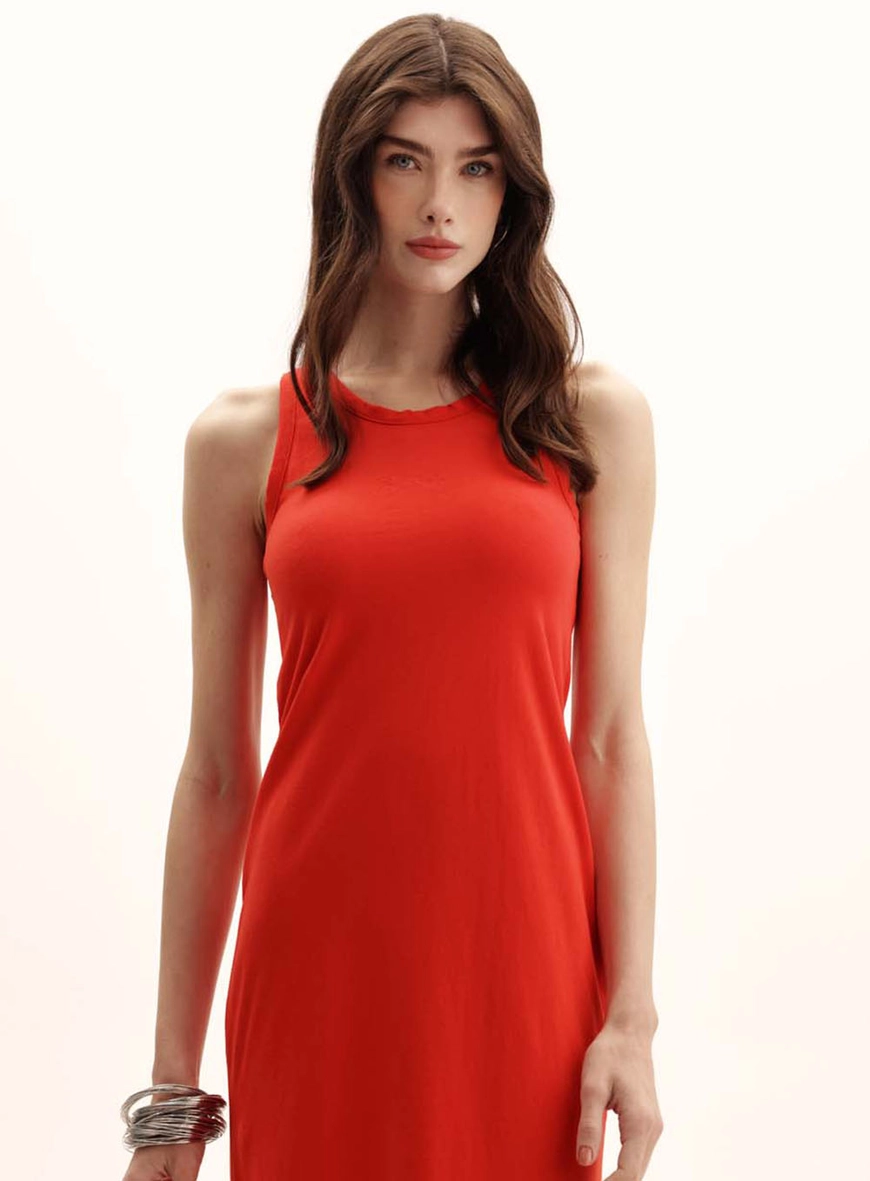 Vestido Comfort Malha Soft Touch Midi Com Fenda Vermelho 2