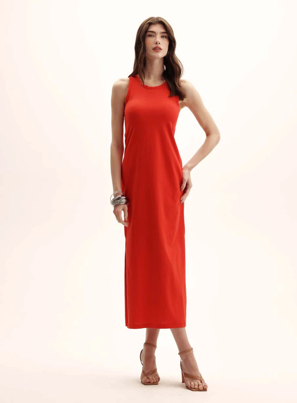 Vestido Comfort Malha Soft Touch Midi Com Fenda Vermelho 1