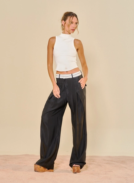 Calça Feminina Alfaiataria Com Cós Contrast Linho
