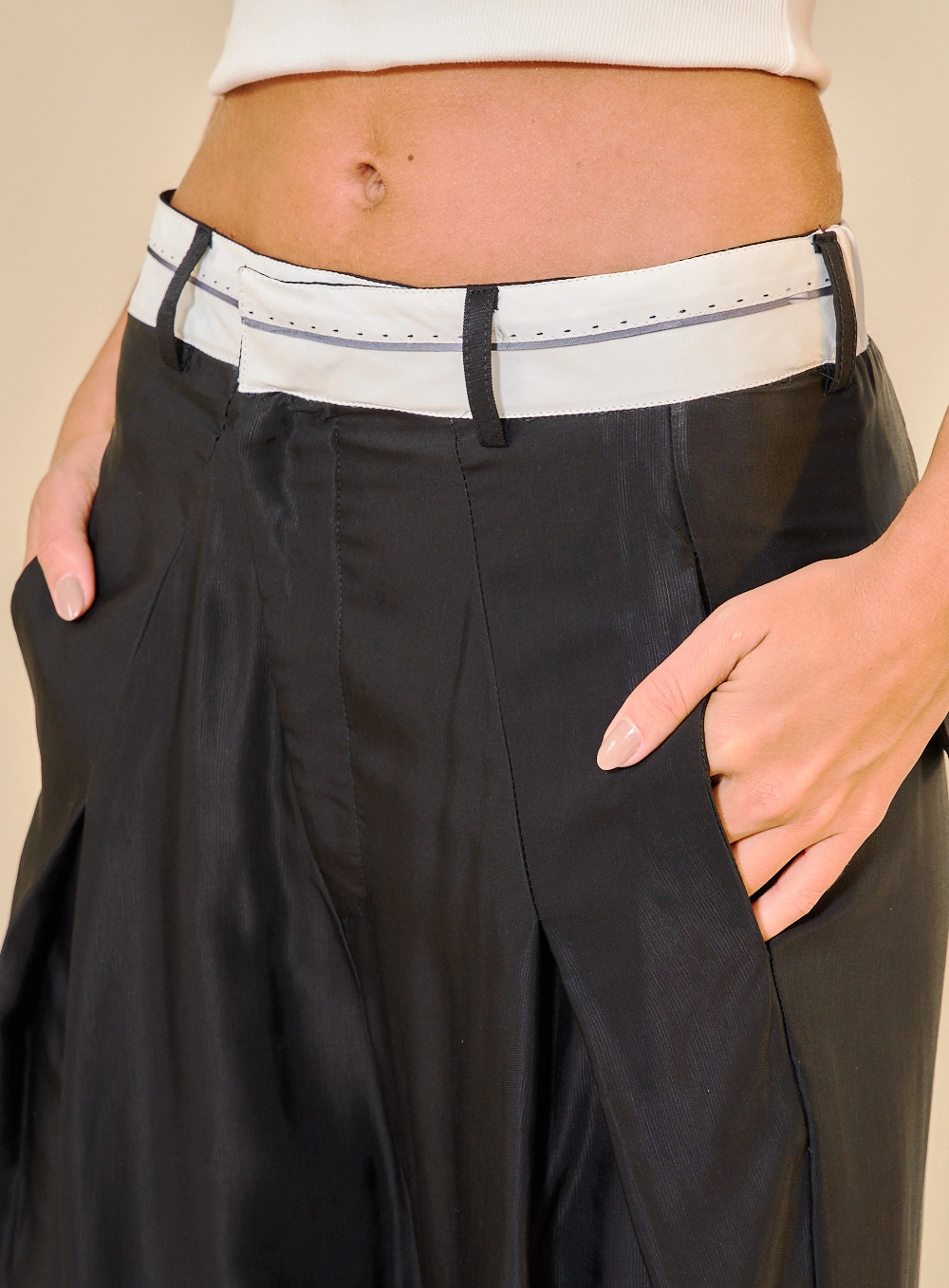 Calça Feminina Alfaiataria Com Cós Contrast Linho Preto 2
