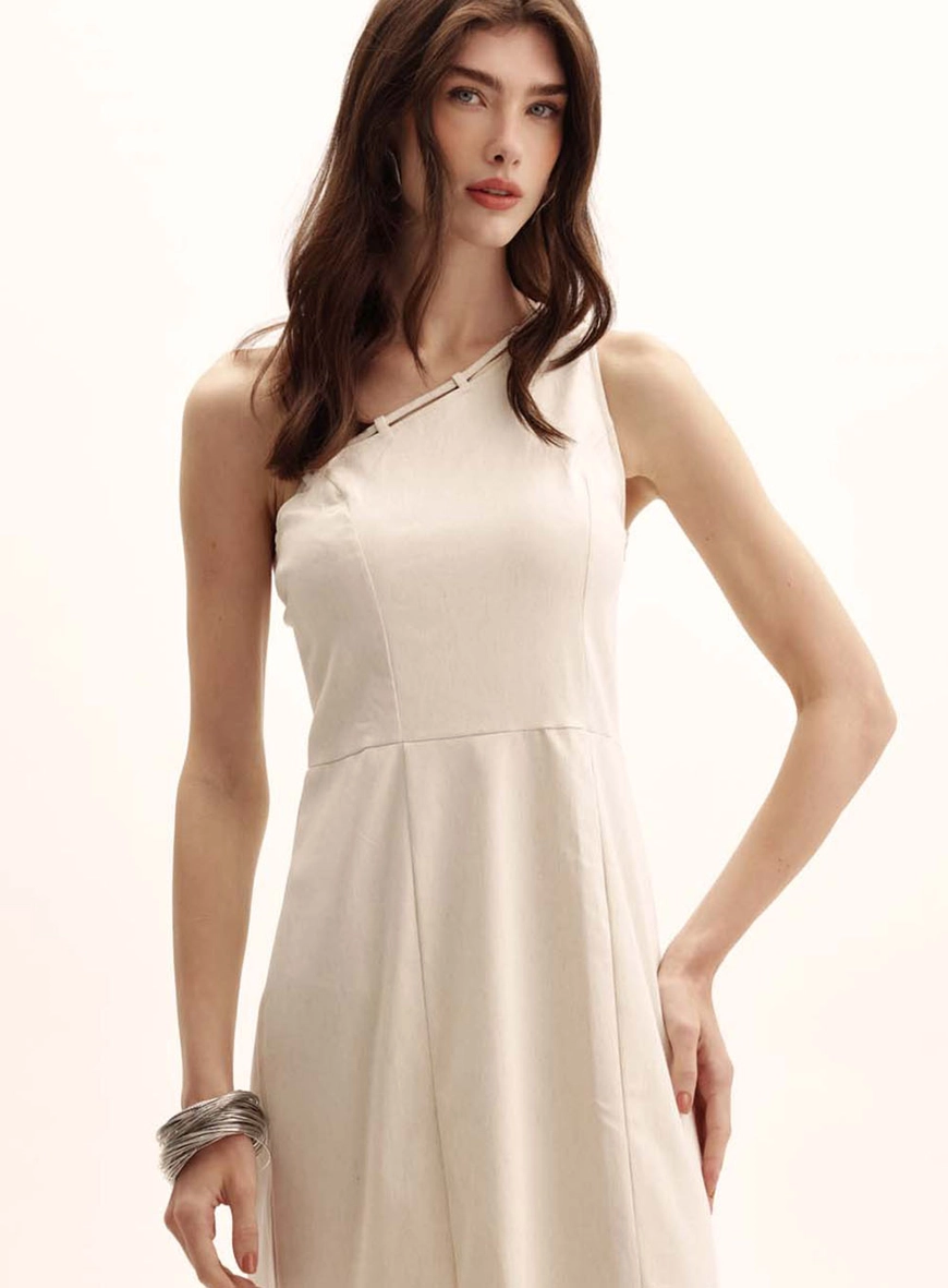 Vestido Comfort Ombro Só Com Fenda Bege 2