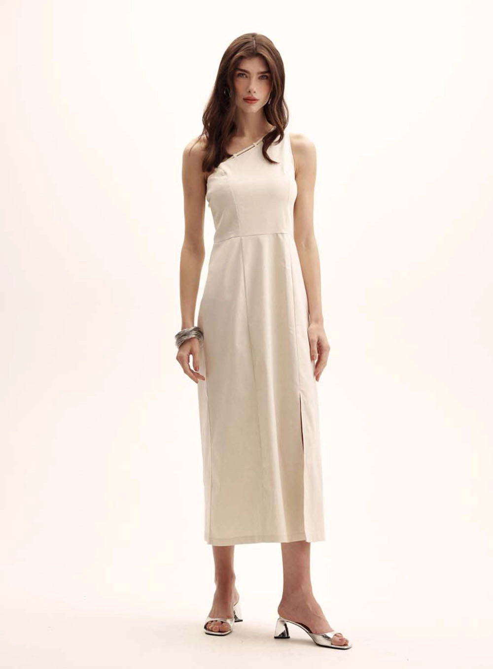 Vestido Comfort Ombro Só Com Fenda Bege 1