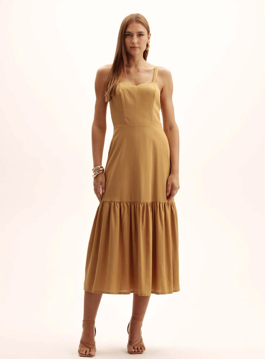 Vestido Comfort Decote Coração Com Babado Bege 1
