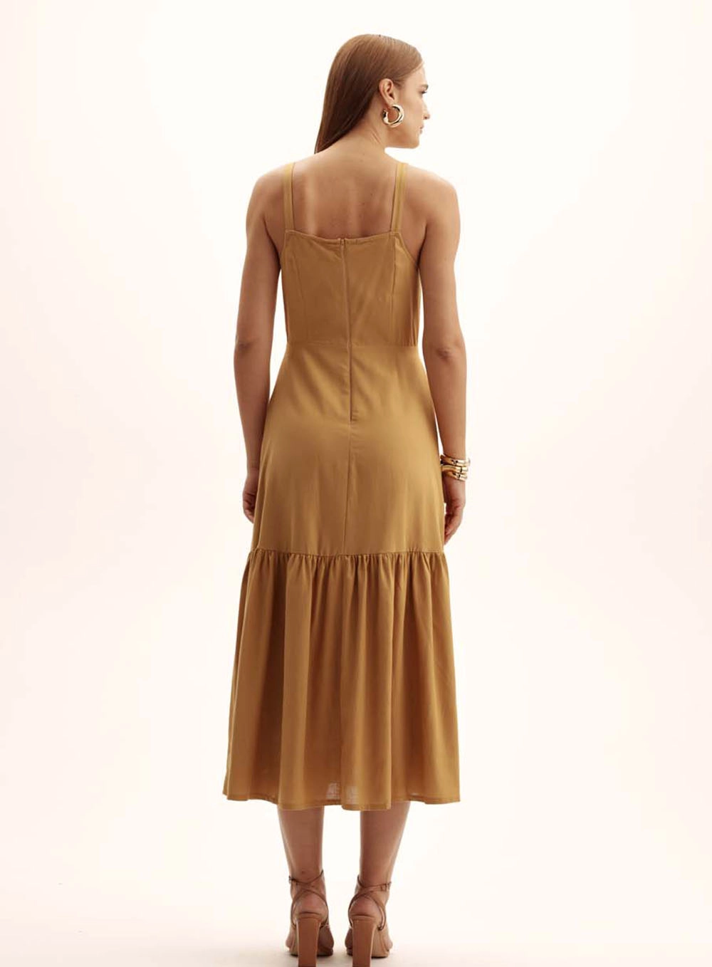 Vestido Comfort Decote Coração Com Babado Bege 3
