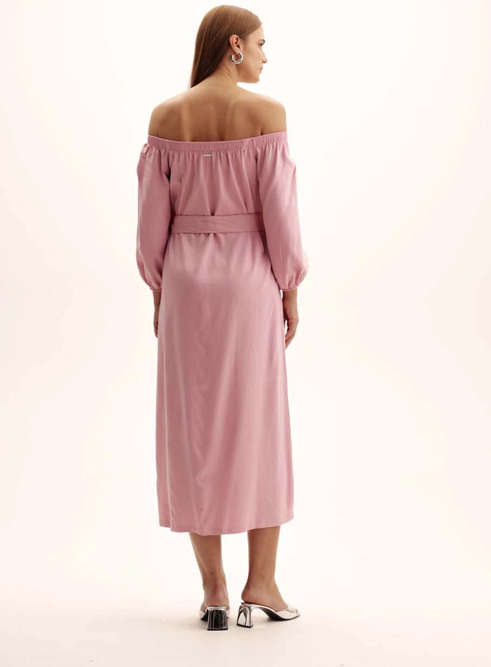 Vestido Comfort Ombro A Ombro Manga Longa Rosa 3