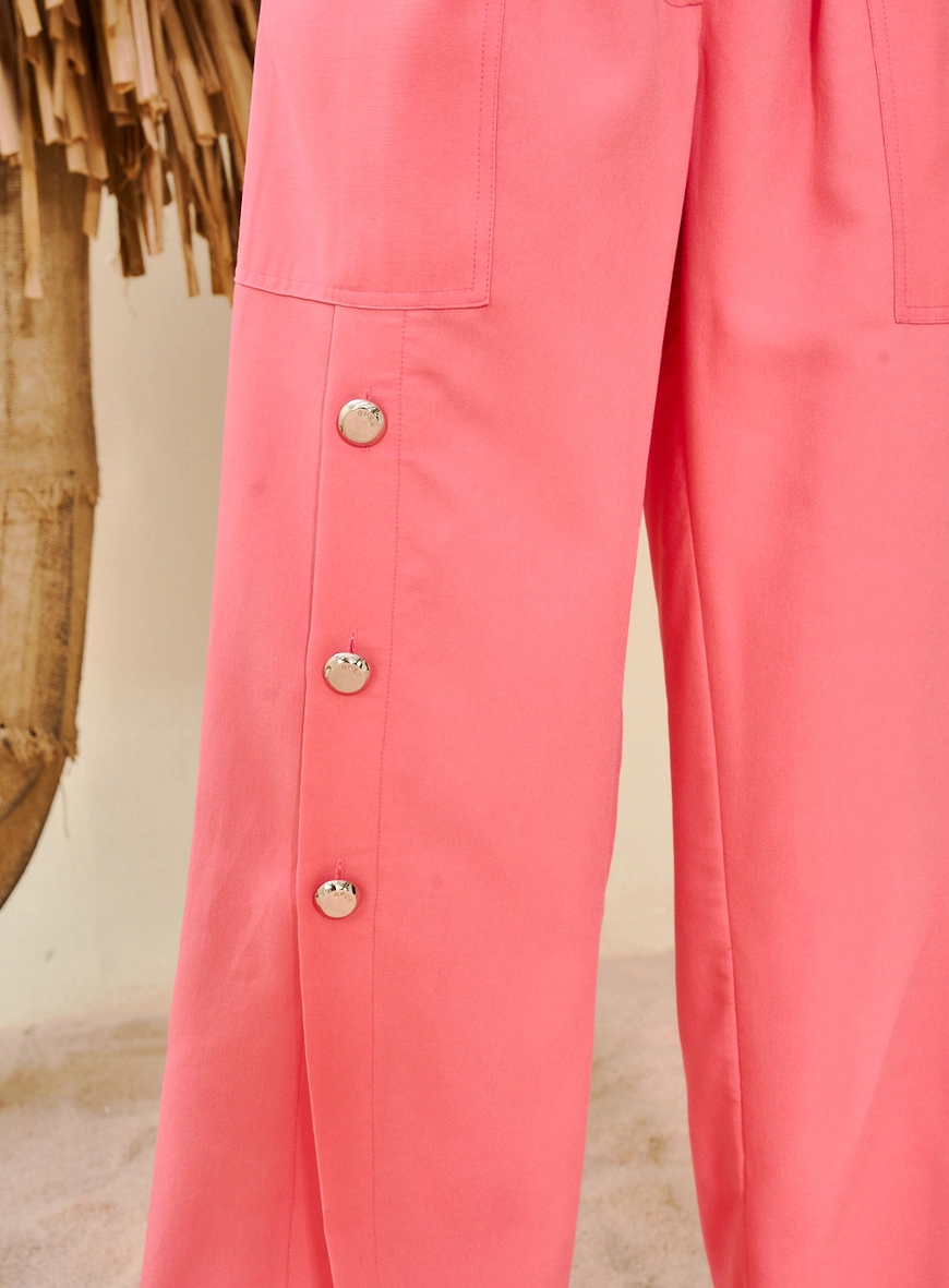 Calça Feminina Alfaiataria Linho Com Fendas Rosa 2