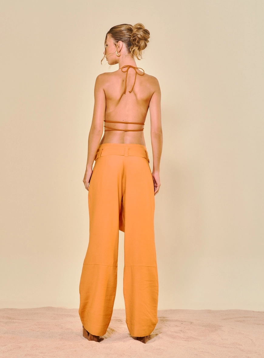 Calça Feminina Alfaiataria Com Cinto De Amarração Marrom 3