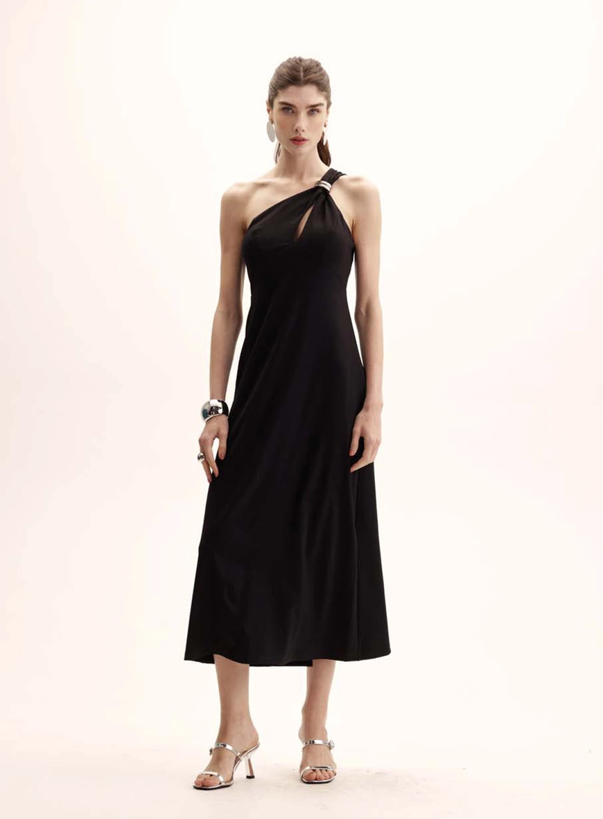 Vestido Midi Ombro Só Com Recorte Preto 1