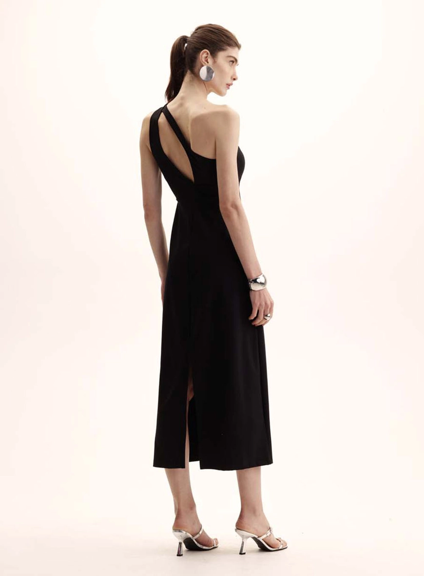 Vestido Midi Ombro Só Com Recorte Preto 3