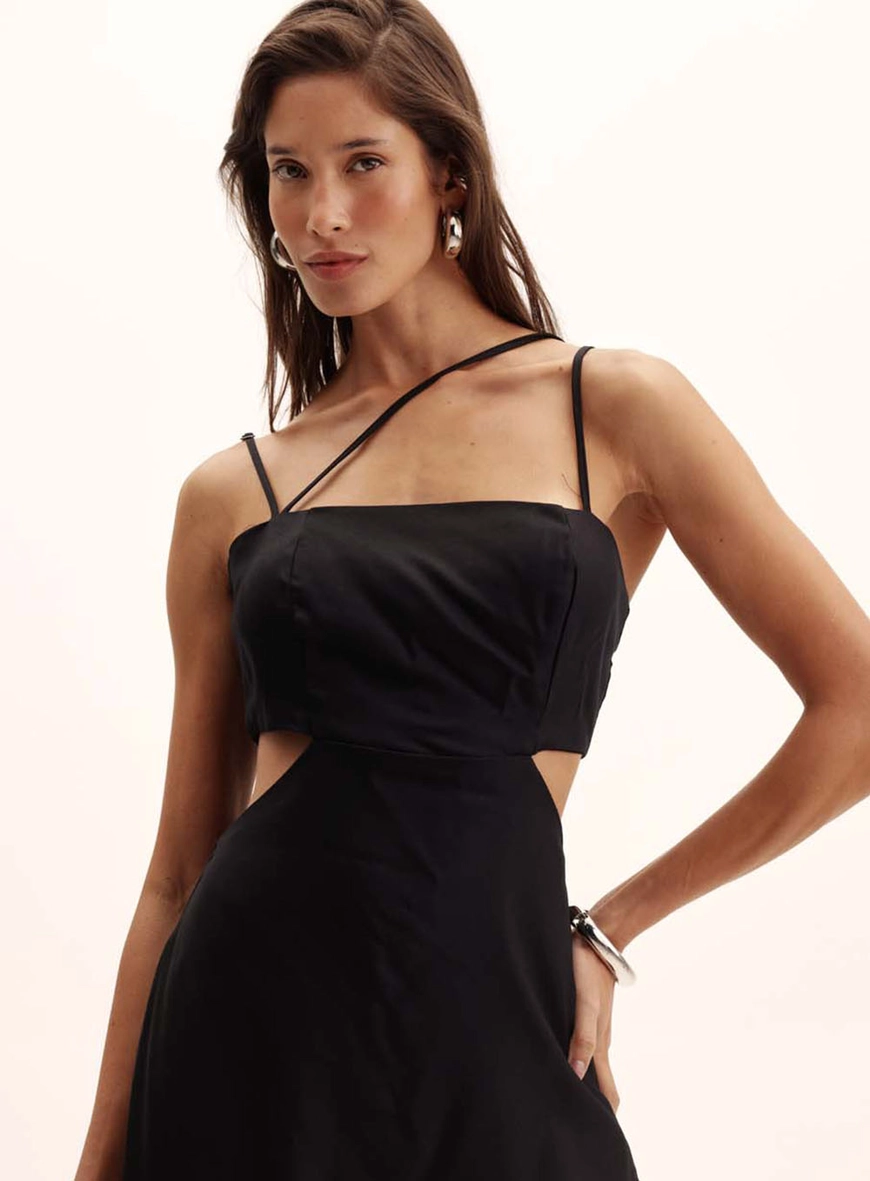 Vestido Longo Com Fenda E Alça Dupla Preto 2