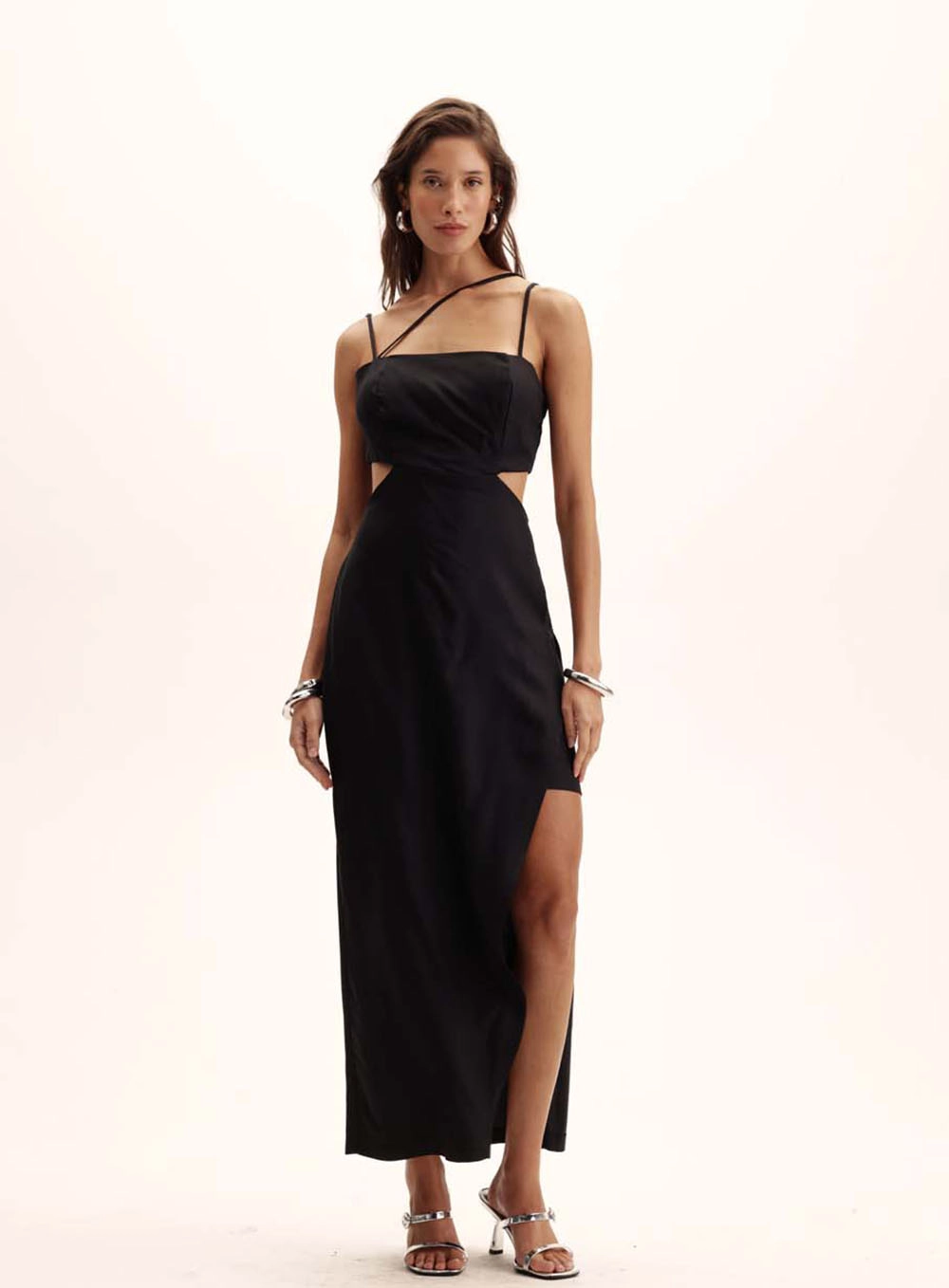 Vestido Longo Com Fenda E Alça Dupla Preto 1