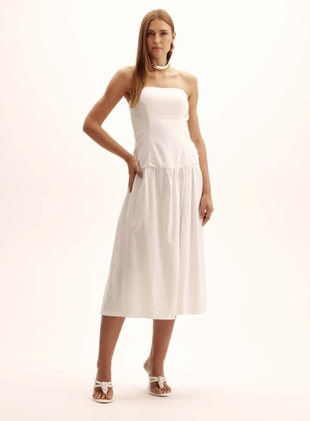 Vestido Tricoline Sem Alça Com Babado
