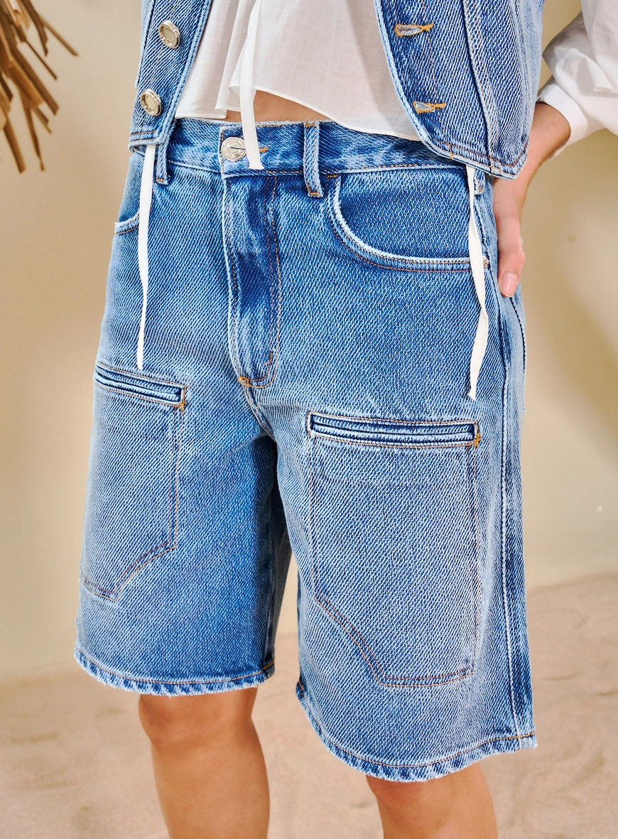 Bermuda Jeans Feminina Jorts Com Bolsos Frontais Índigo 2
