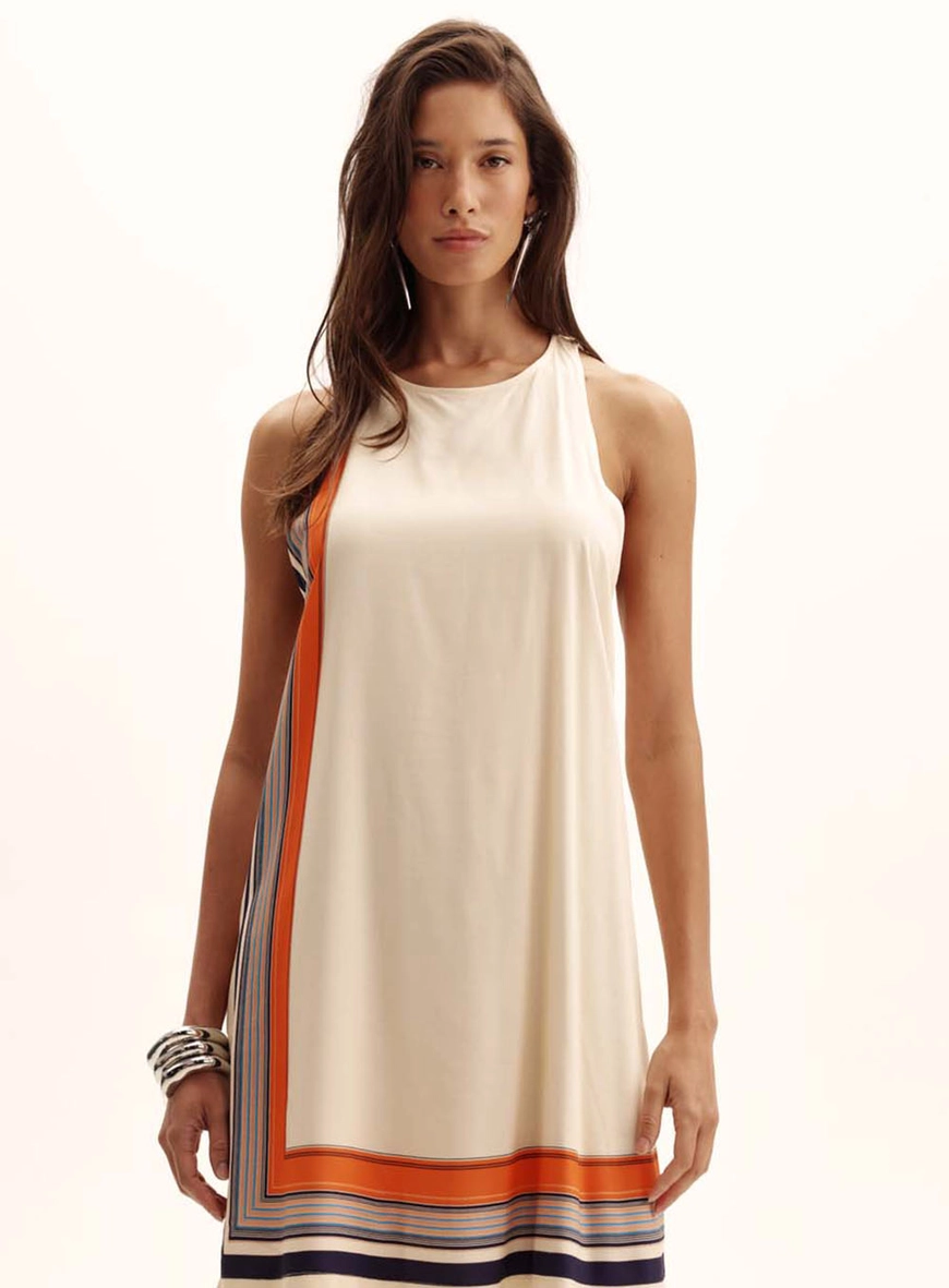 Vestido Comfort Scarf Stripe Sem Mangas Bege 2