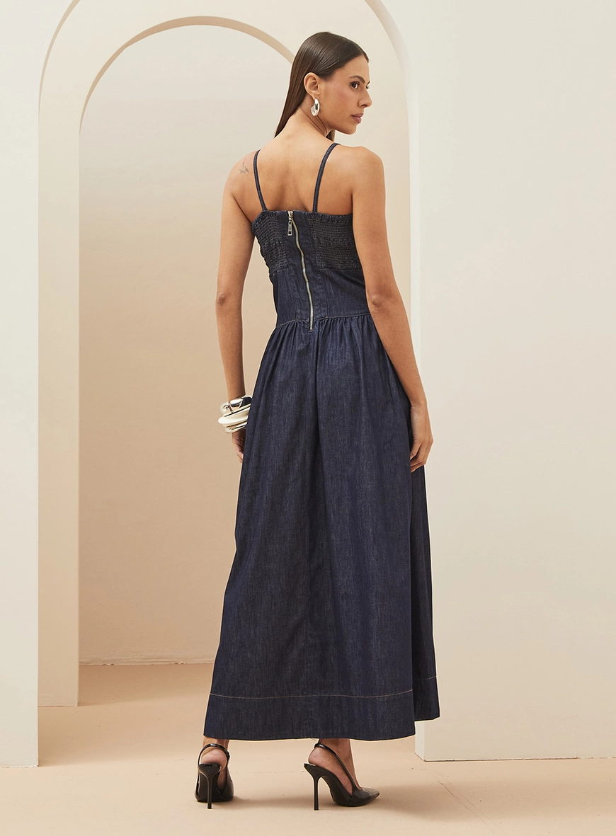 Vestido Jeans Longo Cut Out Com Bolsos Índigo
