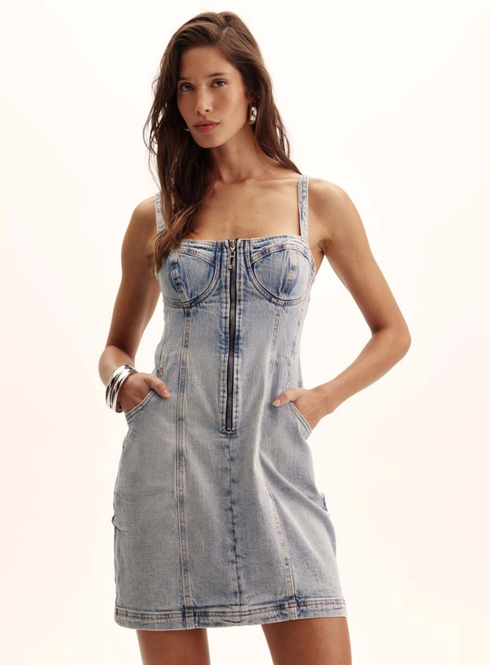 Vestido Jeans Mini Fechamento Em Ziper Com Lastex Índigo 2