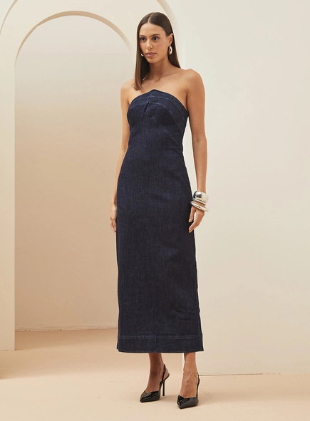 Vestido Jeans Midi Justo Sem Alças
