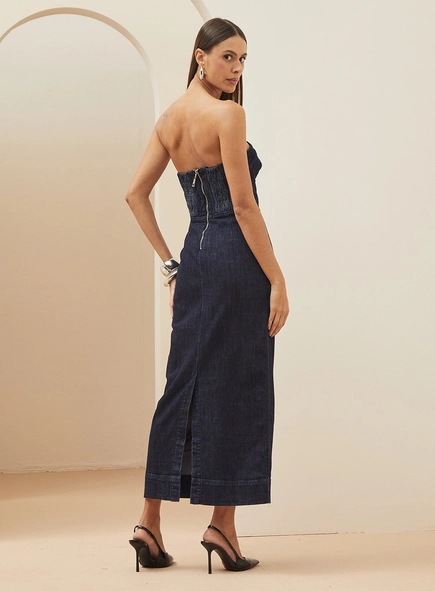 Vestido Jeans Midi Justo Sem Alças