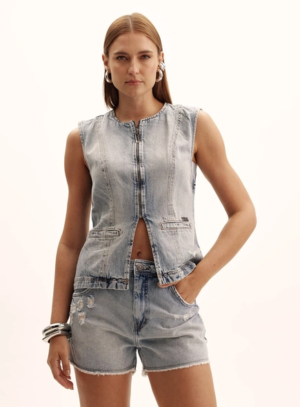 Colete Jeans Loose Acinturado Com Ziper